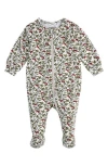 Petit Lem Raspberry Bush Print One Piece Cotton Footie Pajamas In Beige