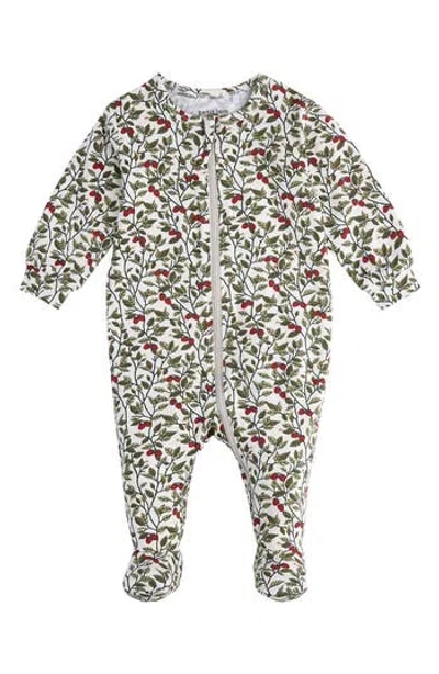 Petit Lem Babies'  Raspberry Bush Print One Piece Cotton Footie Pajamas In Beige
