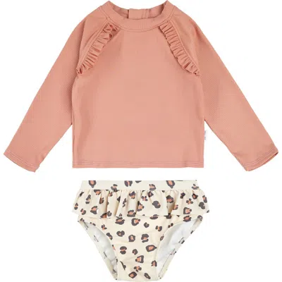 Petit Lem Babies'  Rib Long Sleeve Two-piece Rashguard Swimsuit In Coral
