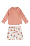 Petit Lem Rib Long Sleeve Two-piece Rashguard Swimsuit In Coral
