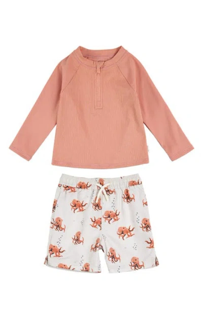 Petit Lem Babies'  Rib Long Sleeve Two-piece Rashguard Swimsuit In Coral