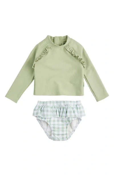 Petit Lem Babies' Ruffle Long Sleeve Two-piece Rashguard Swimsuit In Green