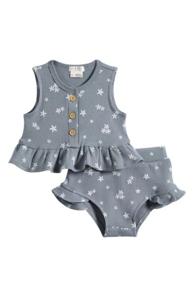 Petit Lem Babies'  Starfish Peplum Stretch Organic Cotton Rib Top & Bloomers Set In Blue