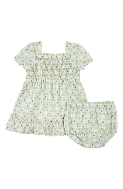 Petit Lem Babies'  Strawberry Gingham Print Organic Cotton Dress & Bloomers Set In Green