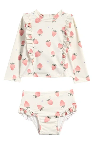 Petit Lem Babies'  Strawberry Long Sleeve Two-piece Rashguard Swimsuit In Beige