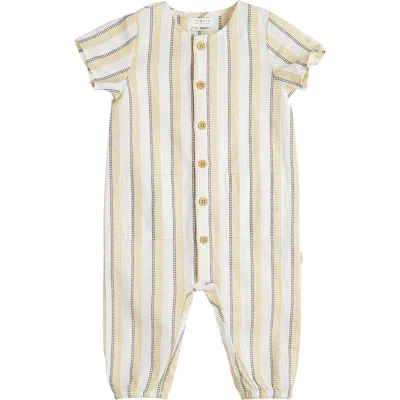 Petit Lem Stripe Linen & Cotton Button-up Romper In Yellow