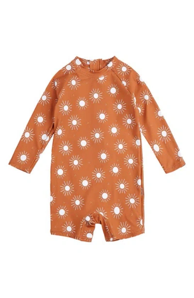 Petit Lem Babies' Sun Print Long Sleeve One-piece Rashguard Swimsuit In Orange