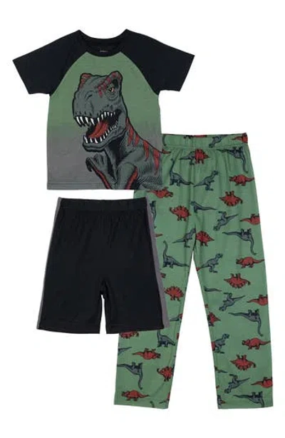 Petit Lem Kids'  Trex Print Mix & Match Pajama 3-piece Set In 804 Khaki
