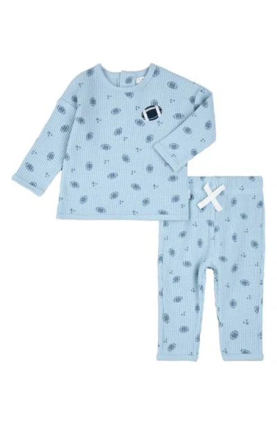Petit Lem Babies'  Two-piece Thermal Stitch Organic Cotton Blend Top & Pants Set In Blue