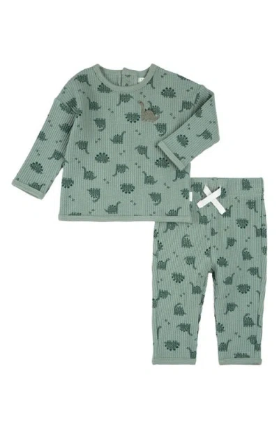 Petit Lem Babies'  Two-piece Thermal Stitch Organic Cotton Blend Top & Pants Set In Green