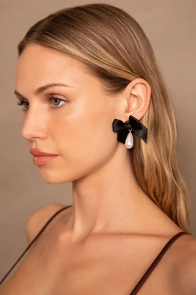 Petit Moments Bow Drop Pearl Earring In Black, Women's At Urban Outfitters