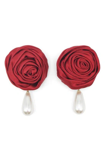 Petit Moments Rosette Imitation Pearl Drop Earrings In Crimson
