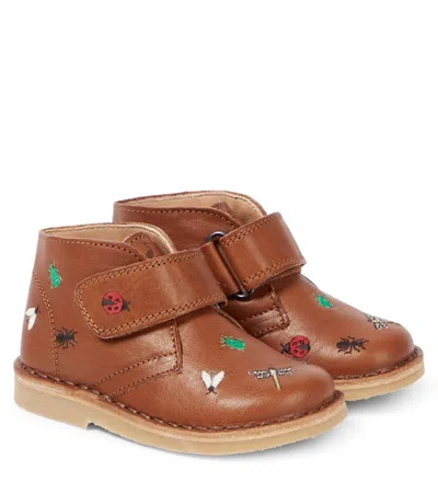 Petit Nord Kids' Embroidered Leather Boots In Brown