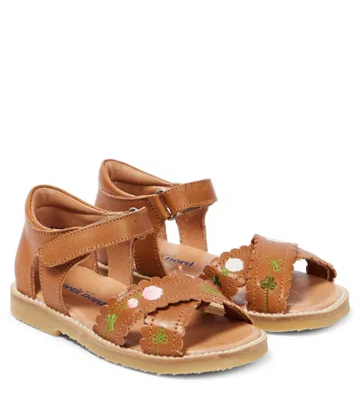 Petit Nord Kids' Bestickte Sandalen Aus Leder In Brown