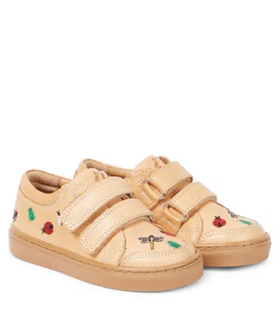 Petit Nord Kids' Embroidered Leather Sneakers In Beige