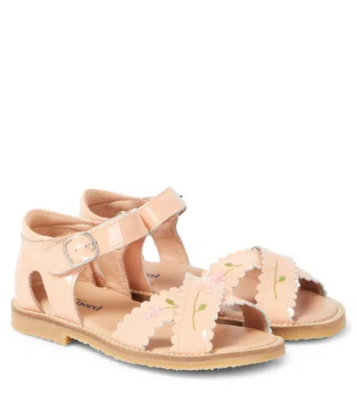 Petit Nord Kids' Embroidered Scalloped Patent Leather Sandals In Brown