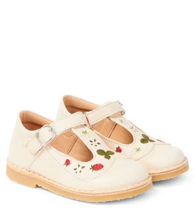 Petit Nord Kids' Peter Pan Embroidered Leather Shoes In White