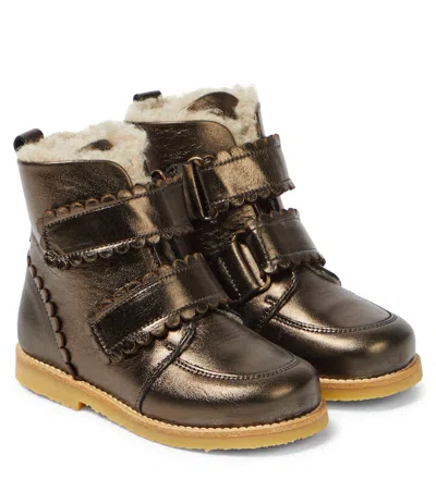Petit Nord Kids' Scalloped Shearling-lined Leather Lace-up Boots In Brown