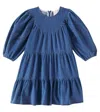 Petite Amalie Balloon-sleeve Cotton Chambray Dress In Blau