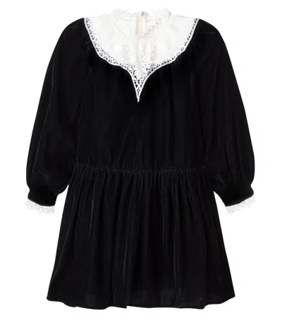 Petite Amalie Kids' Lace-trimmed Velvet Dress In Black
