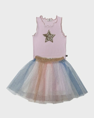 Petite Hailey Kids' Girl's Star-printed Tank W/ Multicolor Tulle Skirt & Bike Short In White