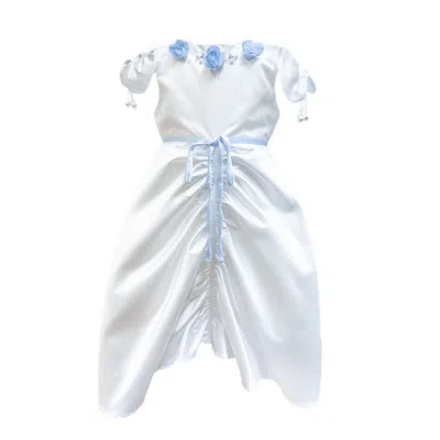 Petite Maison Kids' Daphne White Satin Dress With Blue Embroidery