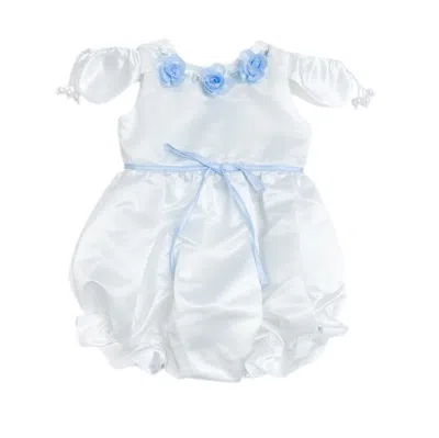 Petite Maison Babies' Daphne White Satin Romper With Blue Embroidery
