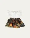 Petite Maison Kids Alexis Blouse And Skirt Set In Brown/white/gold/orange