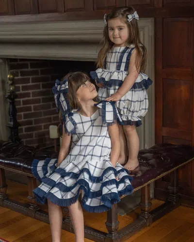 Petite Maison Kids' Girl's Checkered Linen Ruffle Romper In Navy Blue