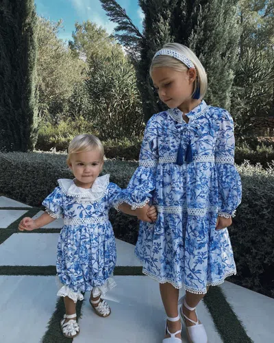 Petite Maison Kids' Girl's Jaylin Floral-print Linen Dress In Blue