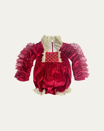 Petite Maison Kids' Girl's Victoria Ruffle Trim Romper In Red/gold