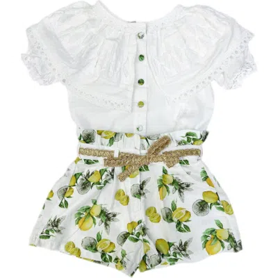 Petite Maison Babies'  Kids Amalfi Lemon Print Linen Blouse And Shorts Set In White