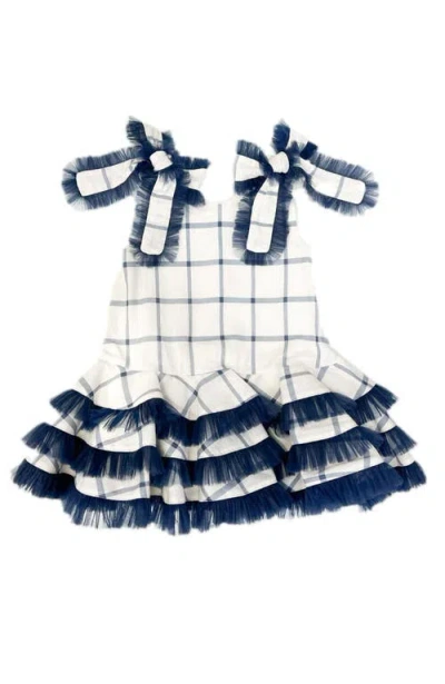 Petite Maison Babies'  Kids Checkered Linen Tulle Dress In Navy Checkered