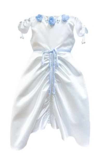 Petite Maison Kids Daphne Satin Dress With Blue Embroidery In White And Baby Blue