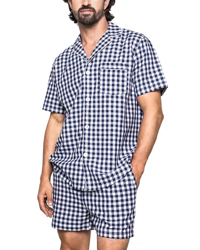 Petite Plume Brushed Cotton Twill Gingham Check Short Pajama Set In Navy Gingham