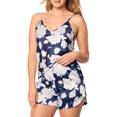 Petite Plume Floral Print Mulberry Silk Short Pajamas In Navy