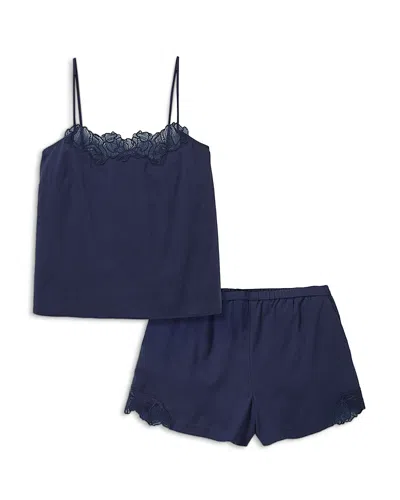 Petite Plume Lace Trim Camisole & Shorts Pajama Set In Blue
