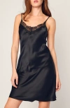 Petite Plume Lace Trim Mulberry Silk Nightgown In Black