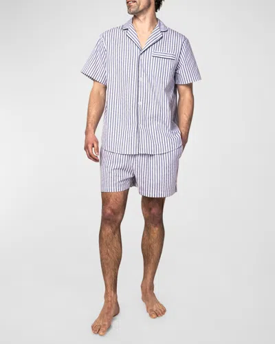 Petite Plume Brushed Cotton Twill Ticking Stripe Short Pajama Set In Navy French Ticking