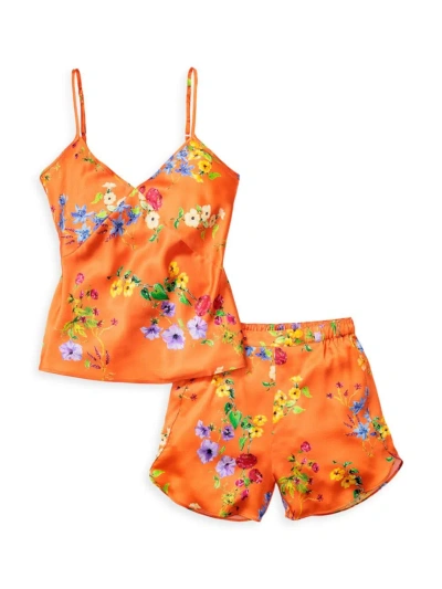 Petite Plume Kids' Mulberry Silk Botanical Cami Top & Shorts Set In Tangerine