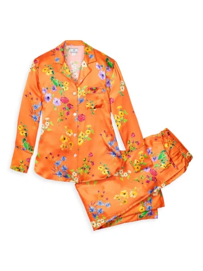 Petite Plume Kids' Mulberry Silk Botanical Pajama Set In Tangerine