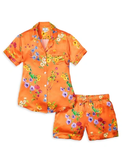 Petite Plume Kids' Mulberry Silk Botanical Print Shirt & Shorts Set In Tangerine