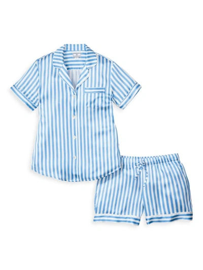 Petite Plume Mulberry Silk Stripe Shorts Pajama Set In Blue White Stripe