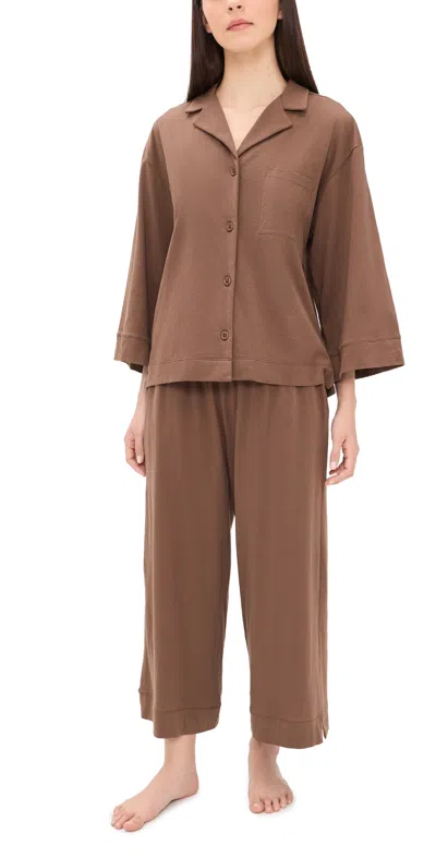 Petite Plume Olivia Wide Leg Pima Cotton Pajamas Brown