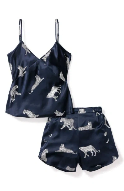 Petite Plume Panther Print Mulberry Silk Short Pajamas In Blue
