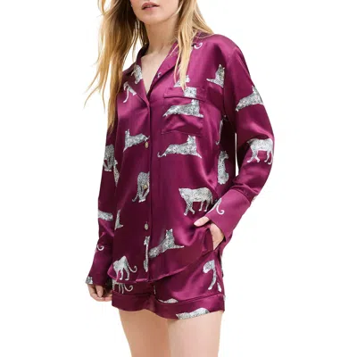 Petite Plume Panthre De Nuit Piped Silk Satin Short Pajamas In Red