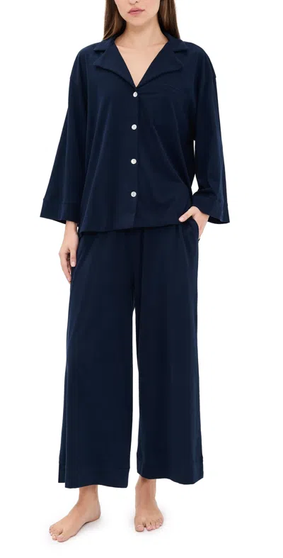Petite Plume Pima Cotton Navy Wide Leg Pajama Set Navy In Blue