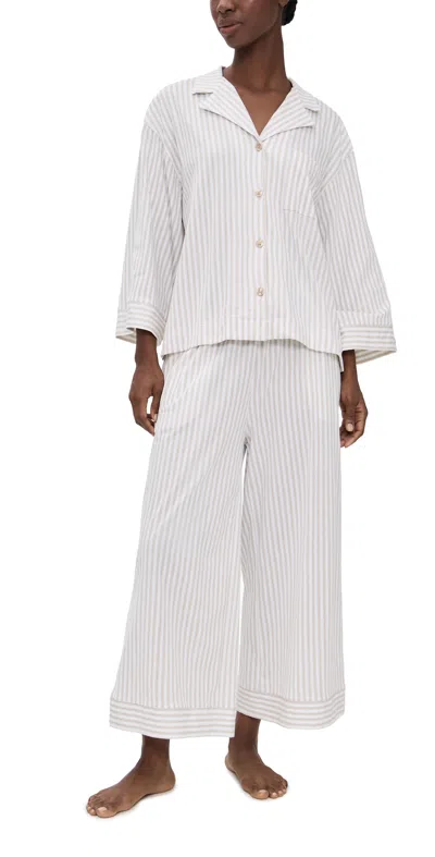Petite Plume Pima Olivia Pajama Set In Camel Ticking Stripe Camel In White