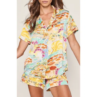 Petite Plume Piped Beach Print Mulberry Silk Short Pajamas In Blue