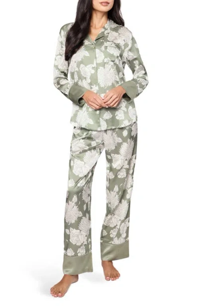 Petite Plume Print Mulberry Silk Pajamas In Green